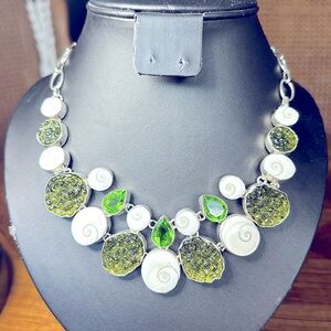 Moldavite, Peridot And Fossil Shell Sterling Silver Statement Necklace